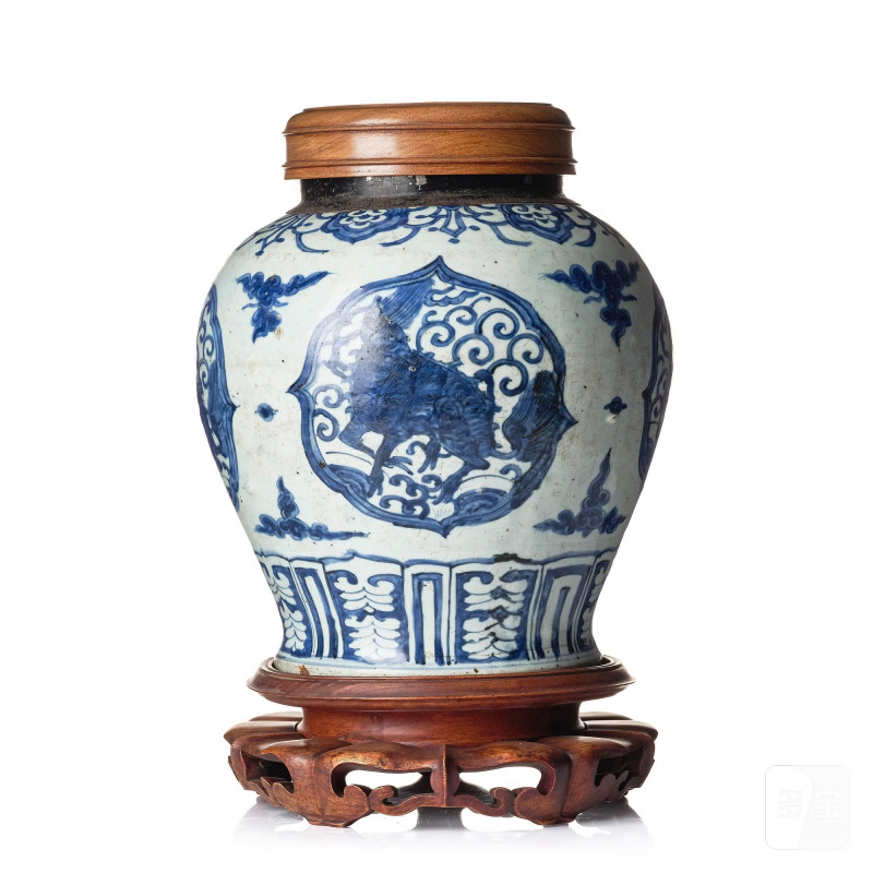 A blue and white jar,